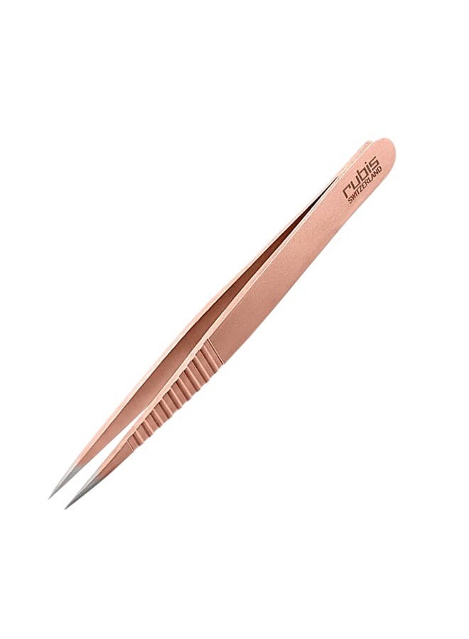 Rubis Stainless Steel Pointed Tweezers with Pro Grip for Precise Eyebrows and Hair Removal, 1K003PGRG, Made in Switzerland, Red Gold - Image 1