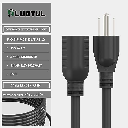 PLUGTUL Outdoor Extension Cord 25 FT Waterproof, 16/3 Gauge Black Heavy Duty 3 Prong Extension Cord, 13A 1625W SJTW, ETL Listed, Great for Garden and Home - Image 3