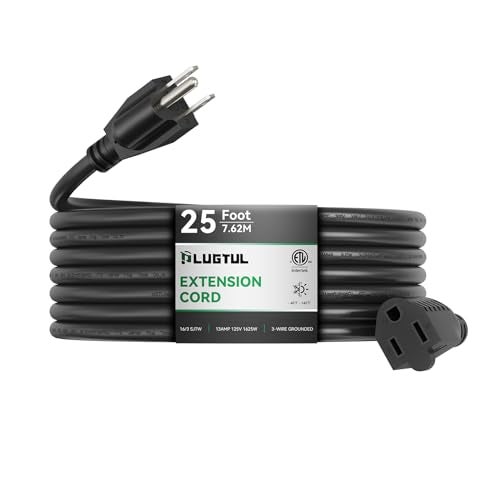PLUGTUL Outdoor Extension Cord 25 FT Waterproof, 16/3 Gauge Black Heavy Duty 3 Prong Extension Cord, 13A 1625W SJTW, ETL Listed, Great for Garden and Home - Image 1
