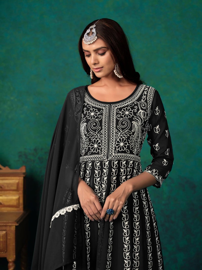 EthnicJunction Women's Georgette Chikankari Embroidery Anarkali Kurta Pant with Dupatta Set Black - Image 2