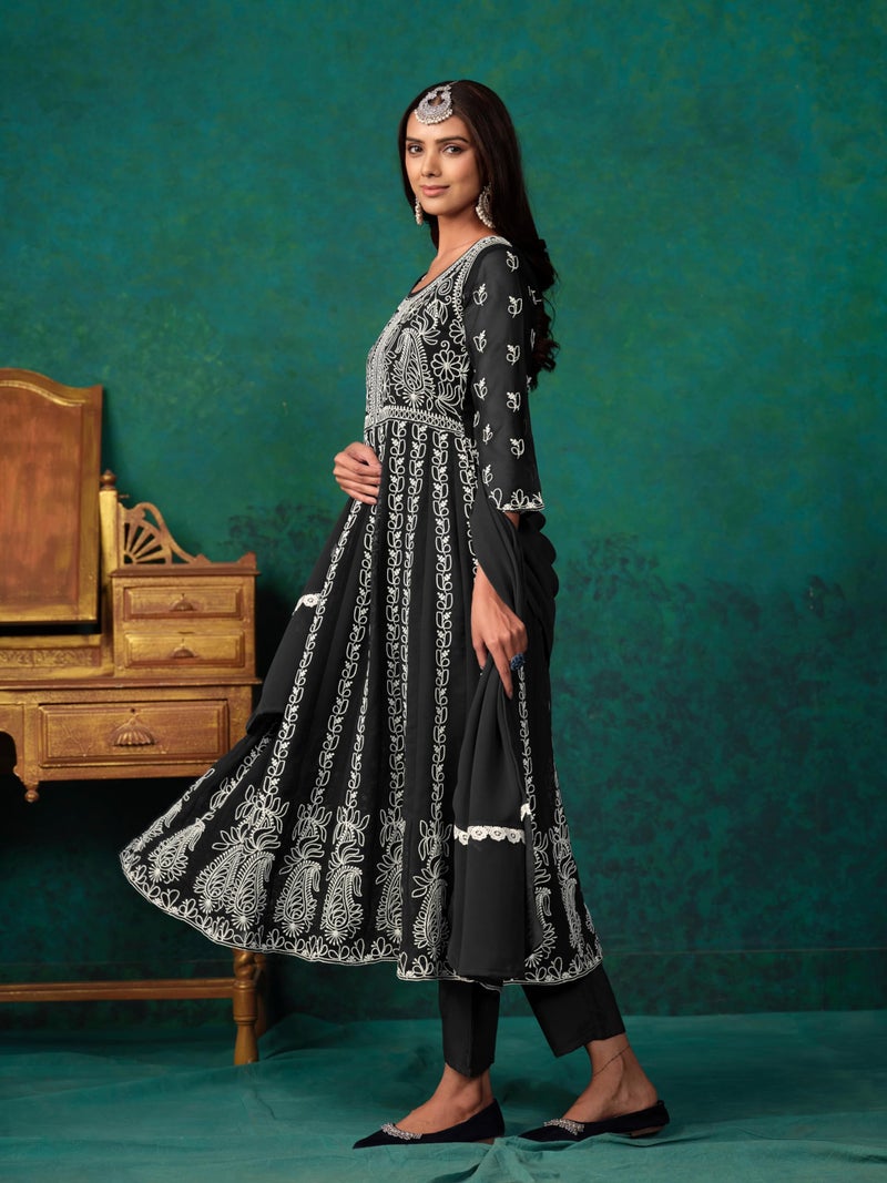 EthnicJunction Women's Georgette Chikankari Embroidery Anarkali Kurta Pant with Dupatta Set Black - Image 5