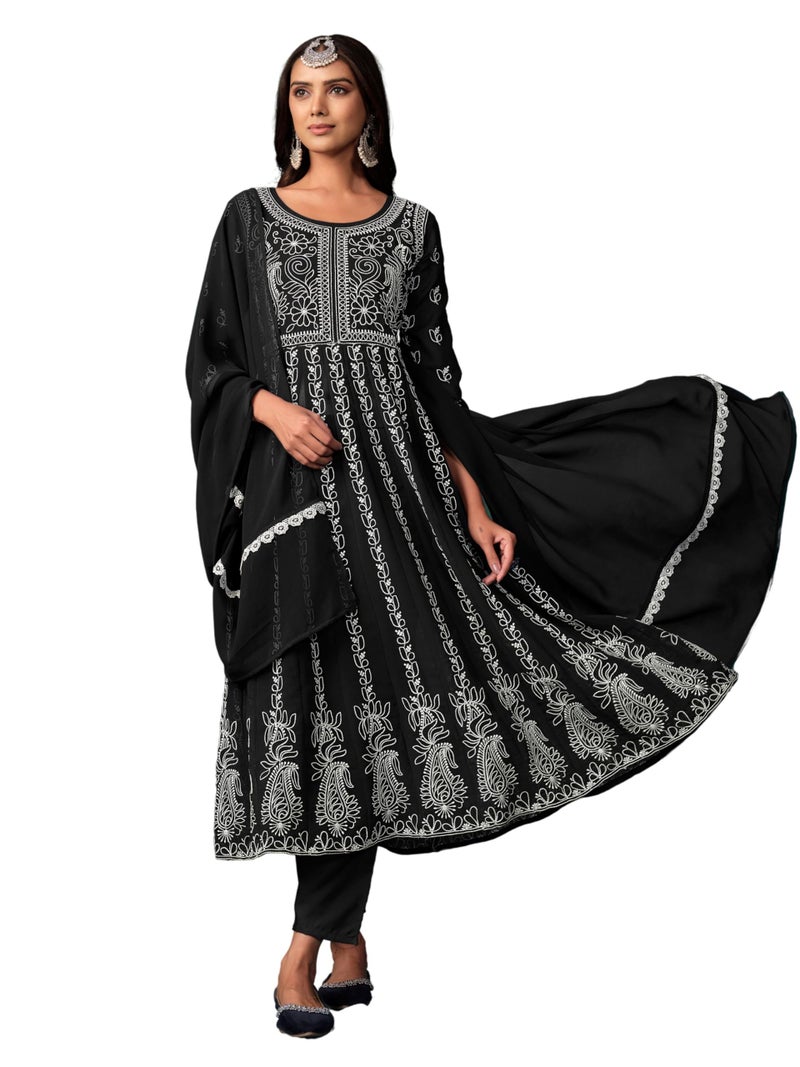 EthnicJunction Women's Georgette Chikankari Embroidery Anarkali Kurta Pant with Dupatta Set Black - Image 1