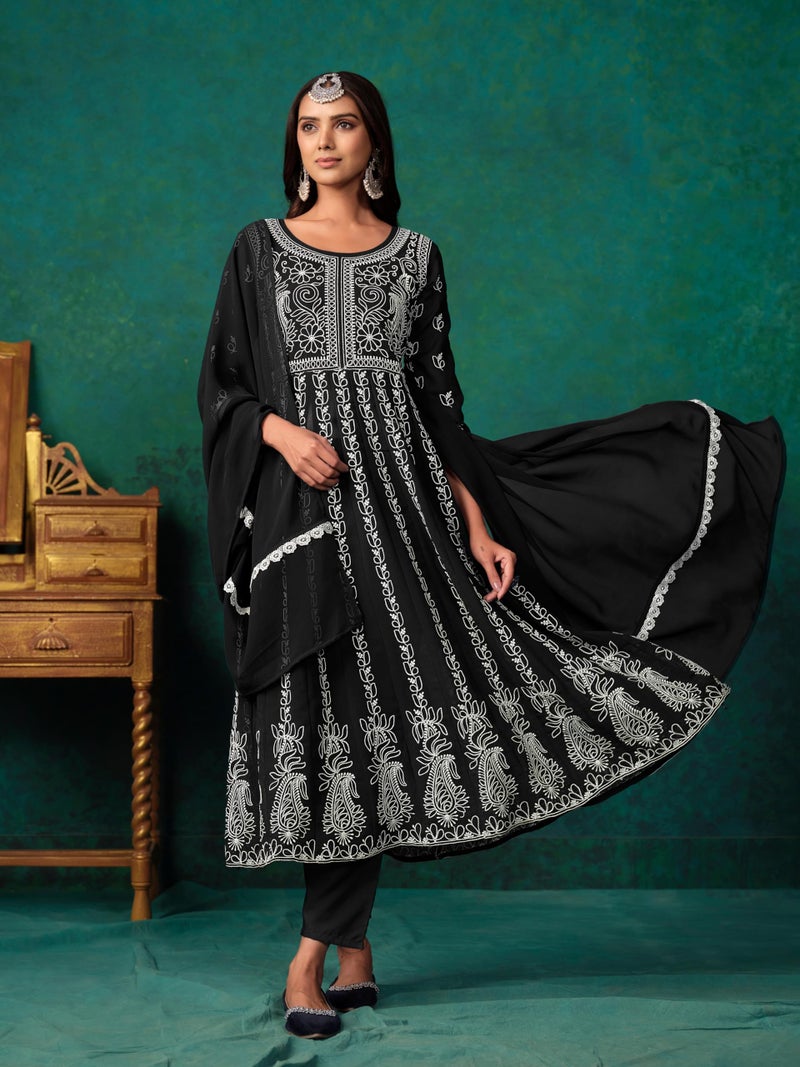 EthnicJunction Women's Georgette Chikankari Embroidery Anarkali Kurta Pant with Dupatta Set Black - Image 3