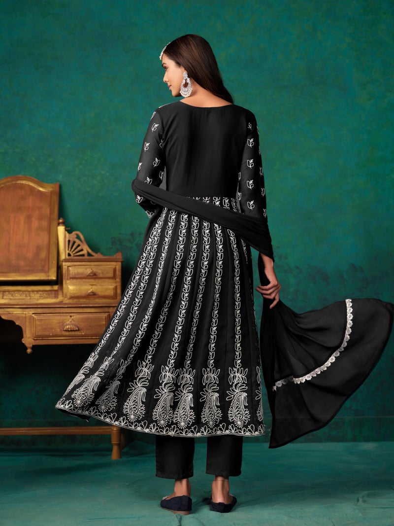 EthnicJunction Women's Georgette Chikankari Embroidery Anarkali Kurta Pant with Dupatta Set Black - Image 4
