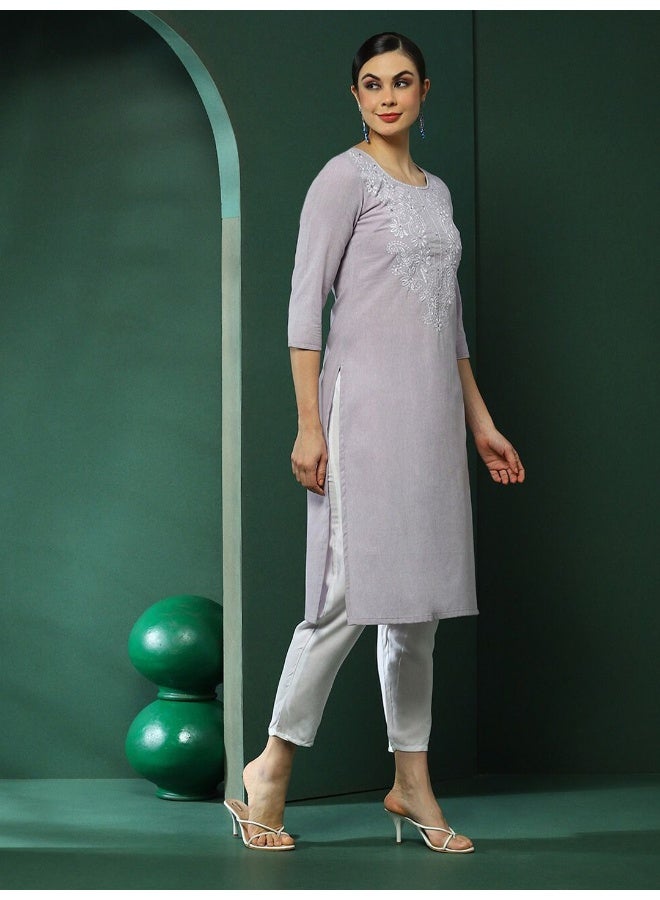 AKS Lavender Embroidered Yoke Kurta - Image 3