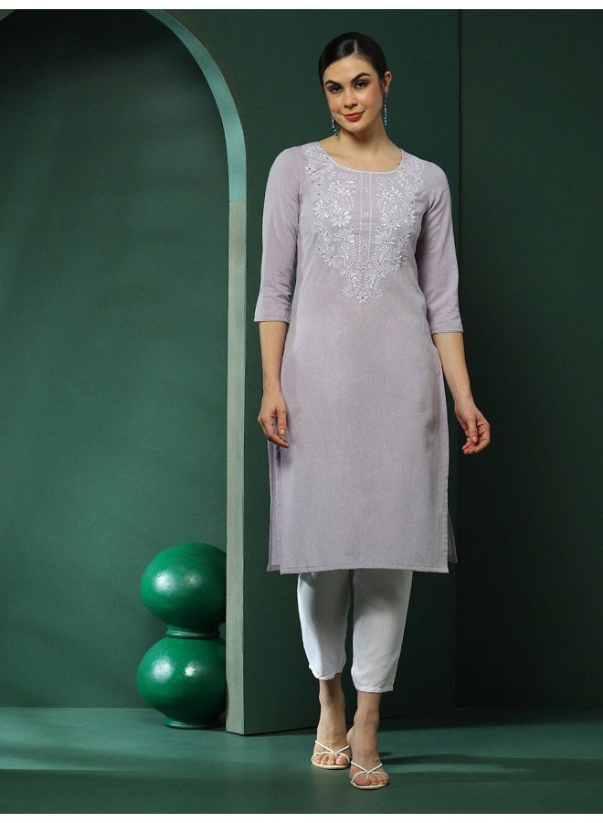 AKS Lavender Embroidered Yoke Kurta - Image 1