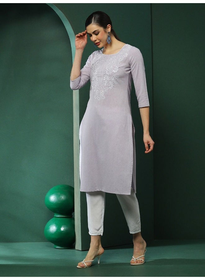 AKS Lavender Embroidered Yoke Kurta - Image 5
