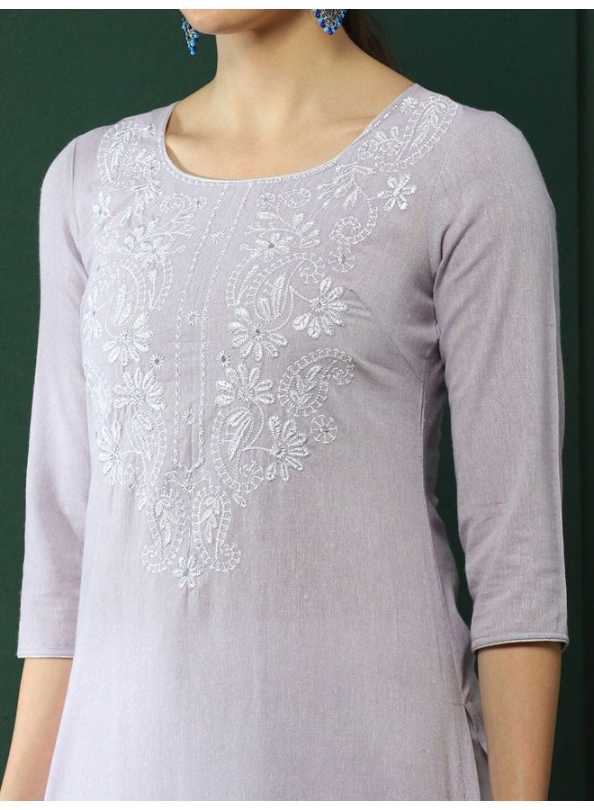 AKS Lavender Embroidered Yoke Kurta - Image 2