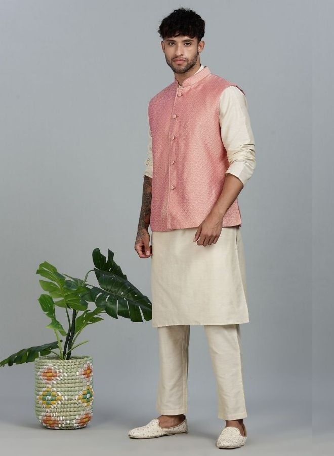 Abhishti Kurta Pant with pink Woven Design Bandi Set - Image 3