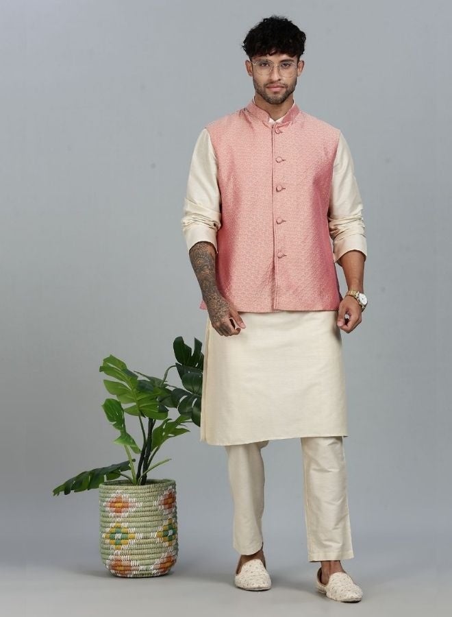 Abhishti Kurta Pant with pink Woven Design Bandi Set - Image 1