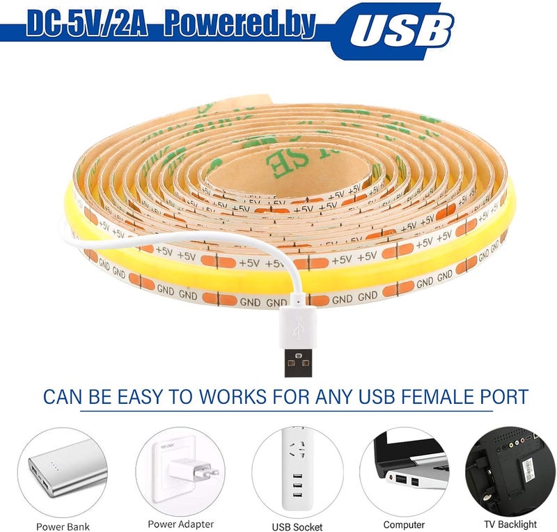 شريط LED USB 5V 4.9 أقدام - 480 LED أبيض 4000K CRI85+ شريط COB LED، أضواء شريط USB مرنة وقابلة للقطع للإضاءة الخلفية للتلفزيون، غرفة النوم، الخزانة، المطبخ، إضاءة DIY - Image 2