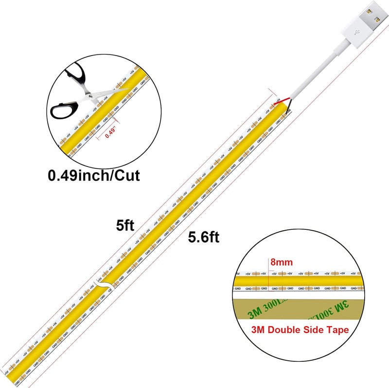 شريط LED USB 5V 4.9 أقدام - 480 LED أبيض 4000K CRI85+ شريط COB LED، أضواء شريط USB مرنة وقابلة للقطع للإضاءة الخلفية للتلفزيون، غرفة النوم، الخزانة، المطبخ، إضاءة DIY - Image 5