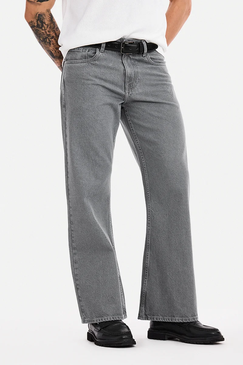 SNITCH Grey Solid Flared Fit Jeans