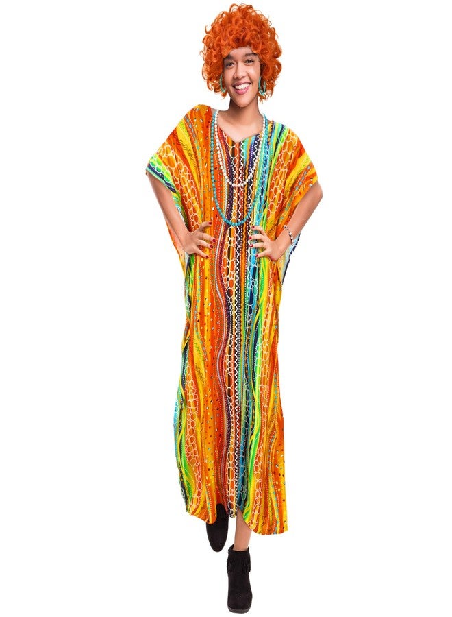 Croloose 5 Pcs Halloween Women Landlady Costume Set with Print Caftan Dress Curly Wig Bead Necklace Earring for Cosplay Party, Orange Style, One Size Fits All - Image 5