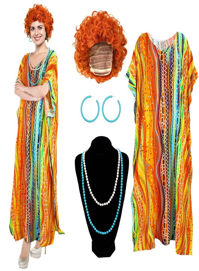 Croloose 5 Pcs Halloween Women Landlady Costume Set with Print Caftan Dress Curly Wig Bead Necklace Earring for Cosplay Party, Orange Style, One Size Fits All - Image 1