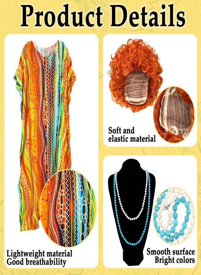 Croloose 5 Pcs Halloween Women Landlady Costume Set with Print Caftan Dress Curly Wig Bead Necklace Earring for Cosplay Party, Orange Style, One Size Fits All - Image 3