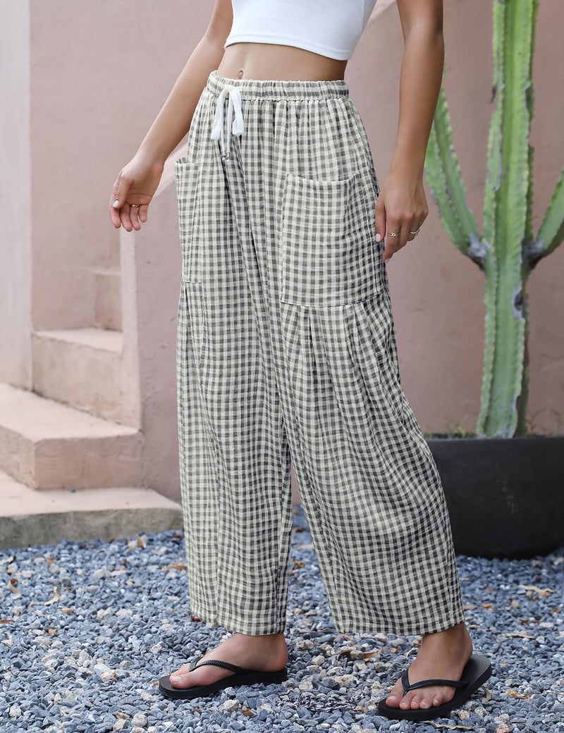 LOMON Women's Linen Pants Casual Loose Palazzo Harem Pants Wide Leg Pants Drawstring Travel Beach Pants(Grey and White Plaid,S) - Image 2