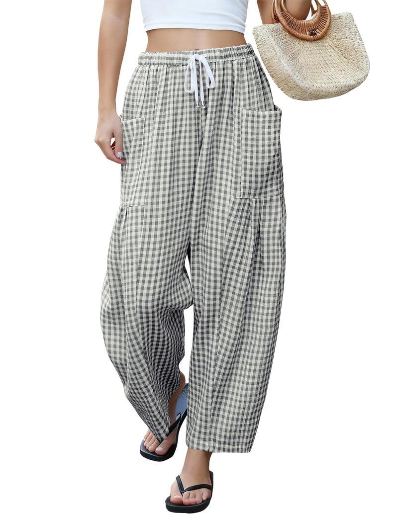 LOMON Women's Linen Pants Casual Loose Palazzo Harem Pants Wide Leg Pants Drawstring Travel Beach Pants(Grey and White Plaid,S) - Image 1