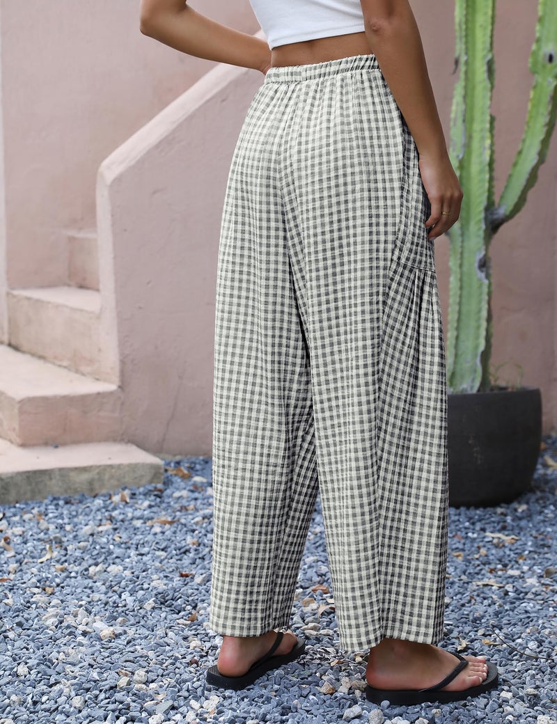 LOMON Women's Linen Pants Casual Loose Palazzo Harem Pants Wide Leg Pants Drawstring Travel Beach Pants(Grey and White Plaid,S) - Image 3