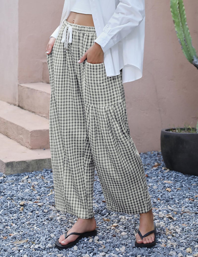 LOMON Women's Linen Pants Casual Loose Palazzo Harem Pants Wide Leg Pants Drawstring Travel Beach Pants(Grey and White Plaid,S) - Image 4