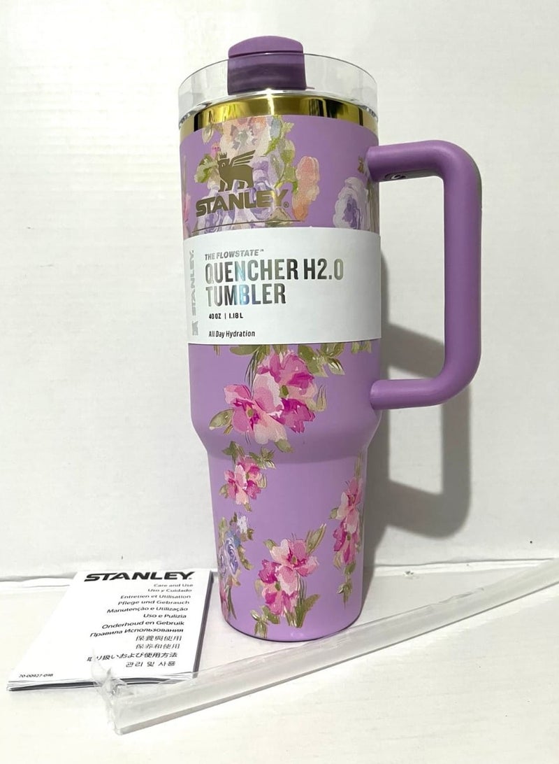 Stanley Love Shack Fancy H2.0 Flow State 40oz Purple Floral Rose Tumbler, Stainless Steel Vacuum Insulated Quencher with Lid, Straw, and Stopper, Ideal for Water and Iced Tea, Keeps Drinks Cold, Presented in Elegant Gift-Ready Packagin - Image 1