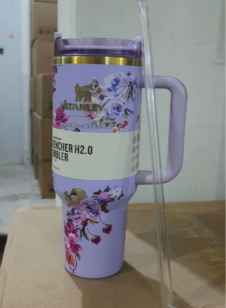 Stanley Love Shack Fancy H2.0 Flow State 40oz Purple Floral Rose Tumbler, Stainless Steel Vacuum Insulated Quencher with Lid, Straw, and Stopper, Ideal for Water and Iced Tea, Keeps Drinks Cold, Presented in Elegant Gift-Ready Packagin - Image 2