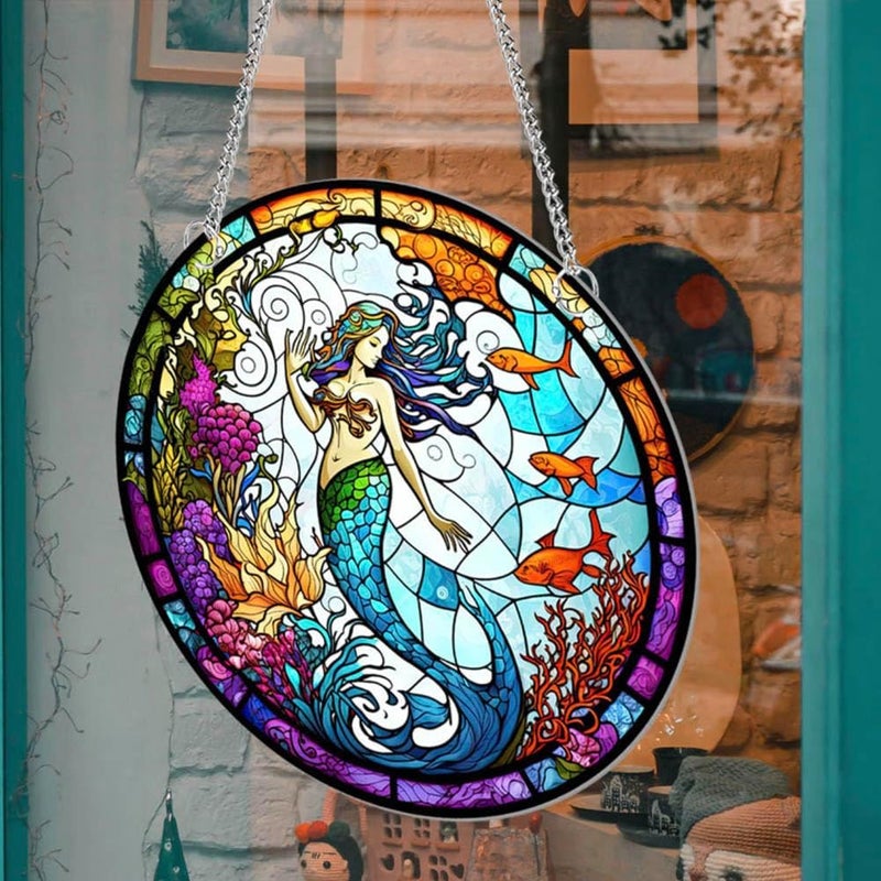 Yangshine Mermaid Acrylic Window Decoration Stained Mermaid Catchers for Window Patio Wall Home Garden - Image 5