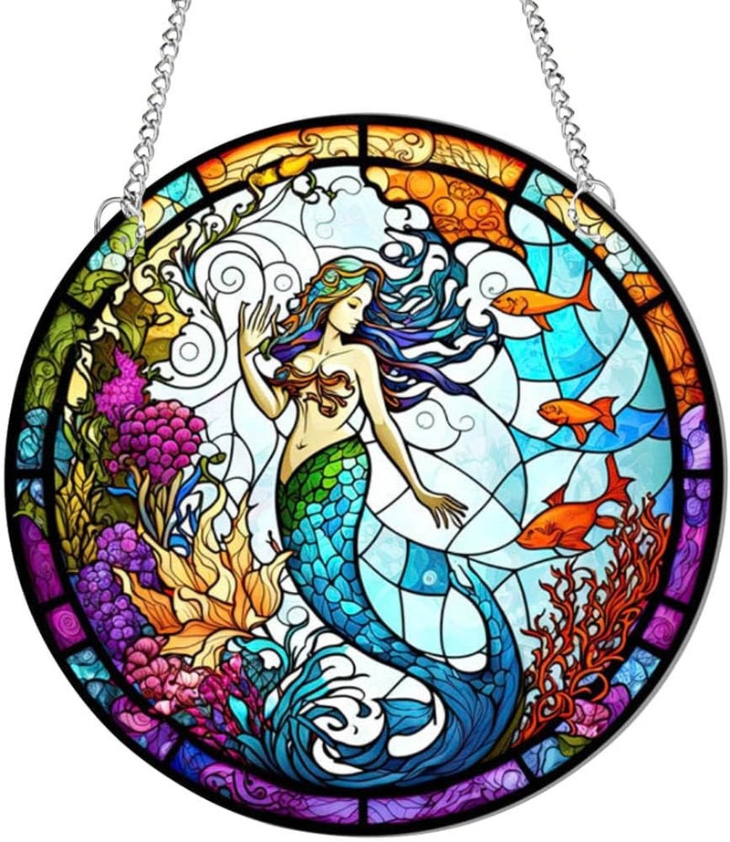 Yangshine Mermaid Acrylic Window Decoration Stained Mermaid Catchers for Window Patio Wall Home Garden - Image 1