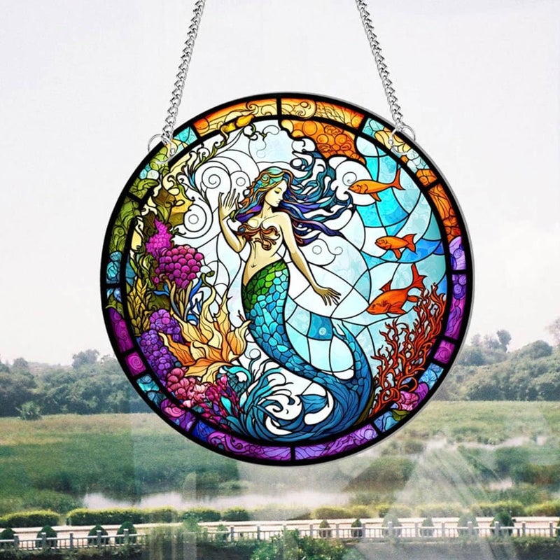 Yangshine Mermaid Acrylic Window Decoration Stained Mermaid Catchers for Window Patio Wall Home Garden - Image 2