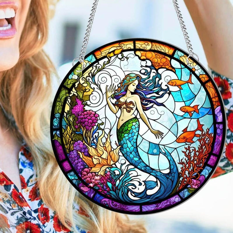Yangshine Mermaid Acrylic Window Decoration Stained Mermaid Catchers for Window Patio Wall Home Garden - Image 4