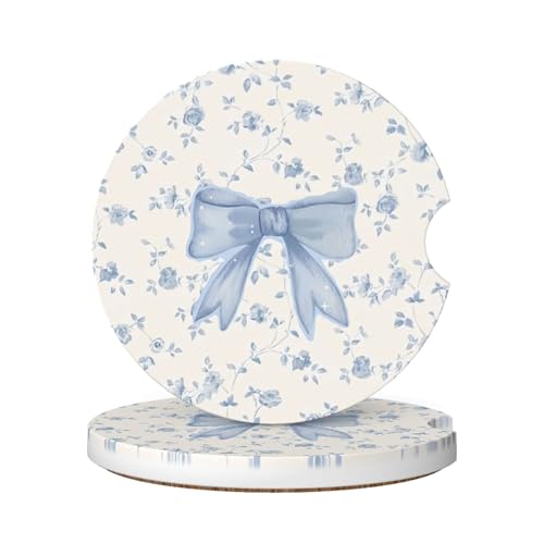 CTVSLFU Absorbent Car Coasters for Cup Holders 2 Pack Universal Anti Slip Ceramic Cup Coaster for Women Men 256 Inch Car Interior Accessories Blue Bow Tie Flower - Image 1