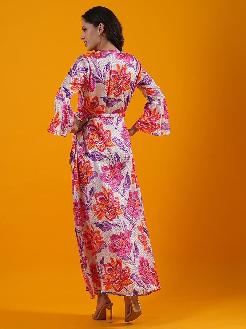 globus Globus Women Pink Floral Print Bell Sleeves Front Slit A-Line Maxi Dress With Belt  - Image 3