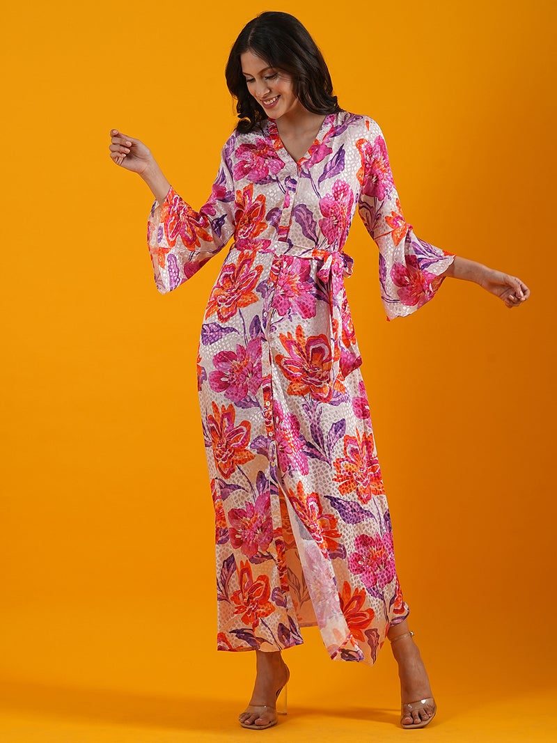 globus Globus Women Pink Floral Print Bell Sleeves Front Slit A-Line Maxi Dress With Belt  - Image 5