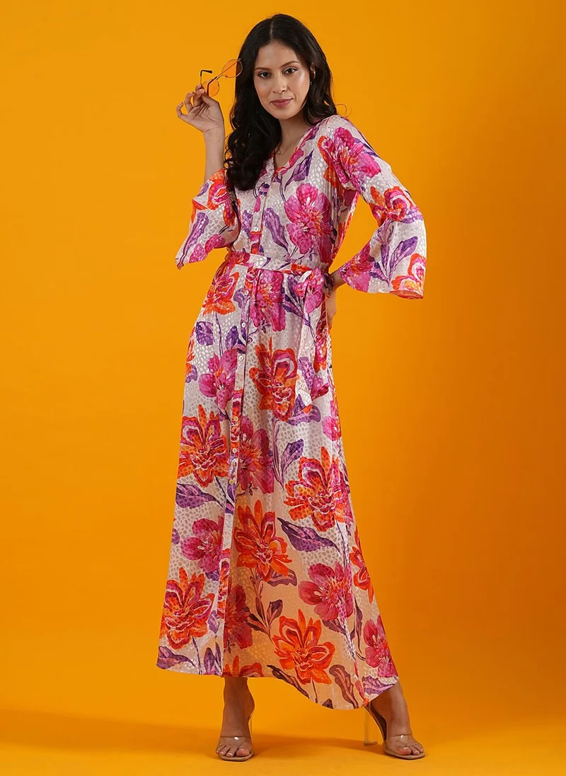globus Globus Women Pink Floral Print Bell Sleeves Front Slit A-Line Maxi Dress With Belt