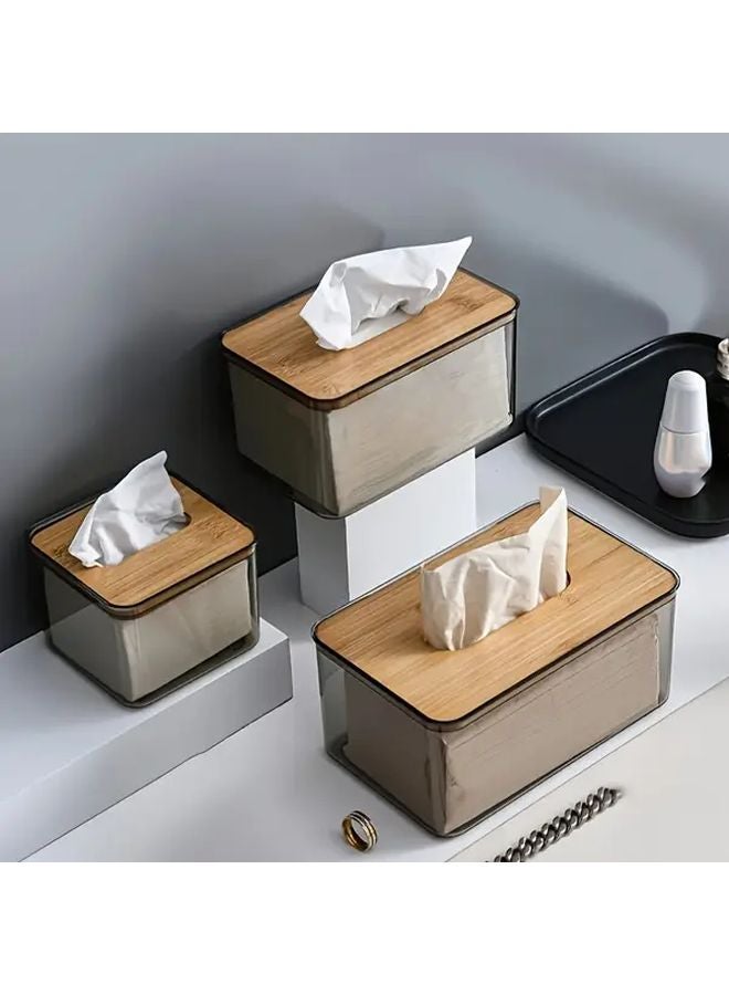 Medium Round Plastic Tissue Box Holder With Bamboo Lid Modern Transparent Design - Image 2