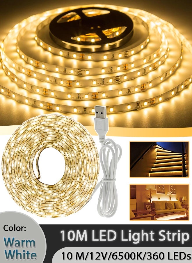 شريط إضاءة LED أبيض دافئ بطول 10 أمتار، شريط إضاءة دافئ ناعم 12 فولت، قابل للقص، غير مقاوم للماء، ذاتي اللصق، إضاءة LED 6500 كلفن، 360 مصباح LED، مناسب لغرف النوم، والمرايا، والمطابخ، وديكورات المنزل. - Image 1