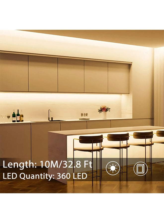 شريط إضاءة LED أبيض دافئ بطول 10 أمتار، شريط إضاءة دافئ ناعم 12 فولت، قابل للقص، غير مقاوم للماء، ذاتي اللصق، إضاءة LED 6500 كلفن، 360 مصباح LED، مناسب لغرف النوم، والمرايا، والمطابخ، وديكورات المنزل. - Image 2