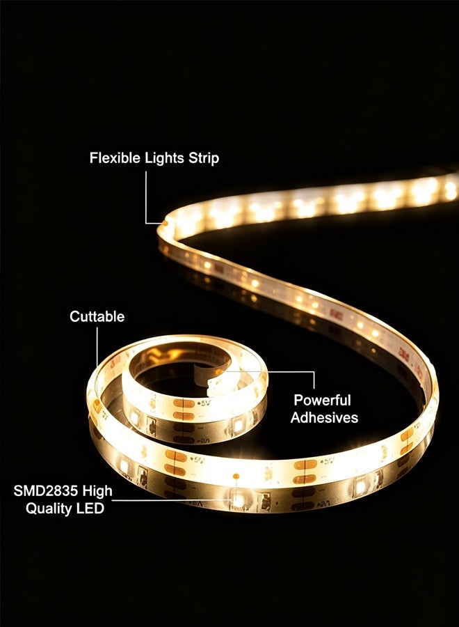 كوميسوباو شريط إضاءة LED بطول 5 أمتار/16.4 قدم - طقم إضاءة شريط لاصق ذاتي أبيض دافئ يعمل بمنفذ USB، مناسب للاستخدام أسفل الخزائن، والمطابخ، وغرف النوم، والسلالم، وإضاءة ديكور المنزل - Image 4