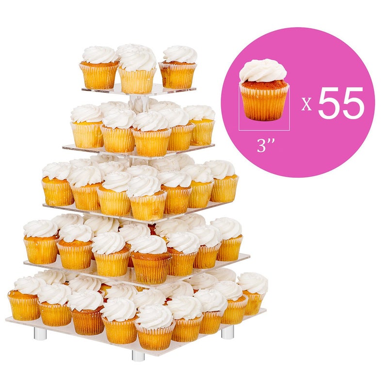 Jusalpha 5 Tier Square Cupcake Stand - Premium Cupcake Holder - Acrylic Cupcake Tower - Ideal for Weddings Birthday Parties, Candy Bar Decor 5SF-S (LED Light Option: Battery)… - Image 3