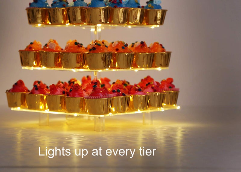 Jusalpha 5 Tier Square Cupcake Stand - Premium Cupcake Holder - Acrylic Cupcake Tower - Ideal for Weddings Birthday Parties, Candy Bar Decor 5SF-S (LED Light Option: Battery)… - Image 5