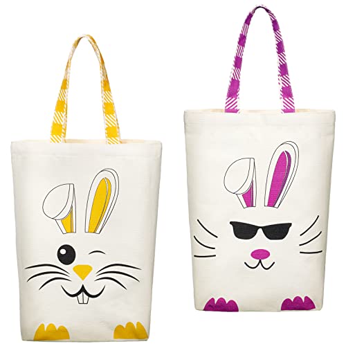 Weewooday 2 Pcs Easter Tote Bags for Kids Easter Canvas Gift Bags Bunny Ears Basket for Boys GirlsPurple Yellow - Image 1