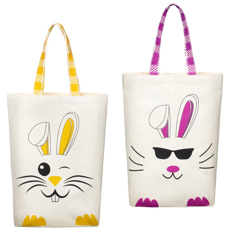 Weewooday 2 Pcs Easter Tote Bags for Kids Easter Canvas Gift Bags Bunny Ears Basket for Boys GirlsPurple Yellow - Image 2