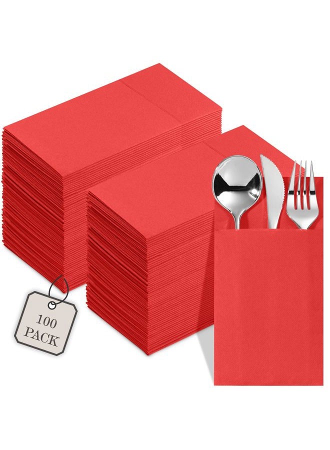 NAPEREE 100-Pack Disposable Napkins With Pocket For Flatware, Red Napkins Paper For Wedding, Dinner Or Party, Built-In Pocket For Silverware, Prefolded - Image 1