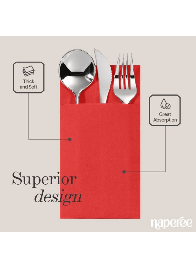 NAPEREE 100-Pack Disposable Napkins With Pocket For Flatware, Red Napkins Paper For Wedding, Dinner Or Party, Built-In Pocket For Silverware, Prefolded - Image 3