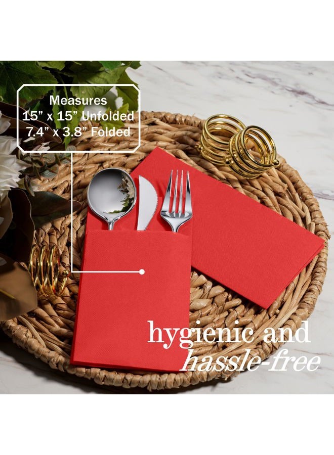 NAPEREE 100-Pack Disposable Napkins With Pocket For Flatware, Red Napkins Paper For Wedding, Dinner Or Party, Built-In Pocket For Silverware, Prefolded - Image 4