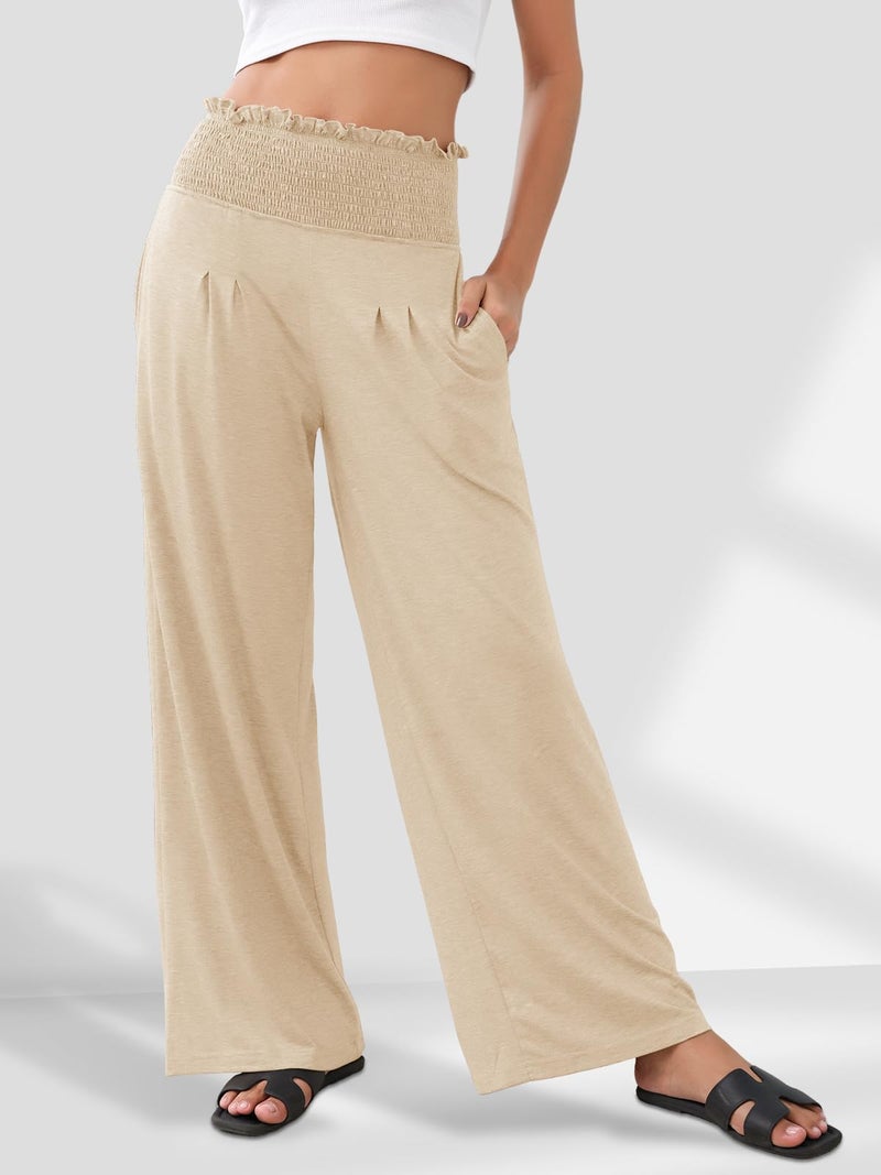 GEMLON Womens Wide Leg Pants High Waisted Palazzo Pants Lightweight Flowy Lounge Trousers Pants with Pockets Beige M - Image 5