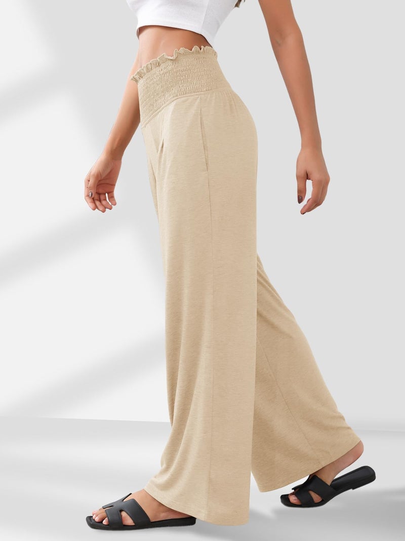 GEMLON Womens Wide Leg Pants High Waisted Palazzo Pants Lightweight Flowy Lounge Trousers Pants with Pockets Beige M - Image 3
