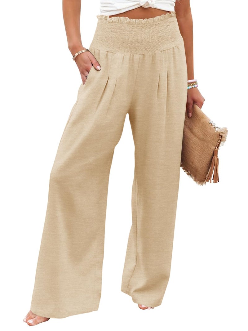 GEMLON Womens Wide Leg Pants High Waisted Palazzo Pants Lightweight Flowy Lounge Trousers Pants with Pockets Beige M - Image 1