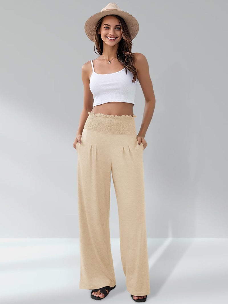 GEMLON Womens Wide Leg Pants High Waisted Palazzo Pants Lightweight Flowy Lounge Trousers Pants with Pockets Beige M - Image 4