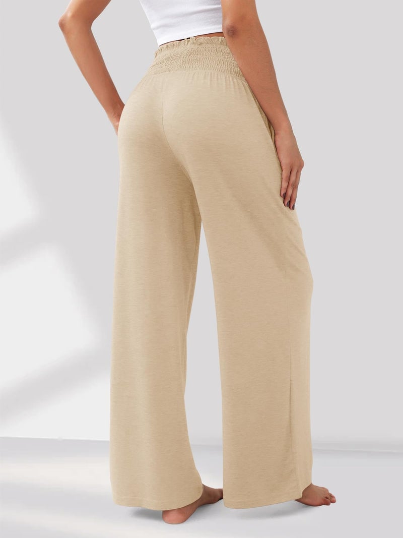 GEMLON Womens Wide Leg Pants High Waisted Palazzo Pants Lightweight Flowy Lounge Trousers Pants with Pockets Beige M - Image 2